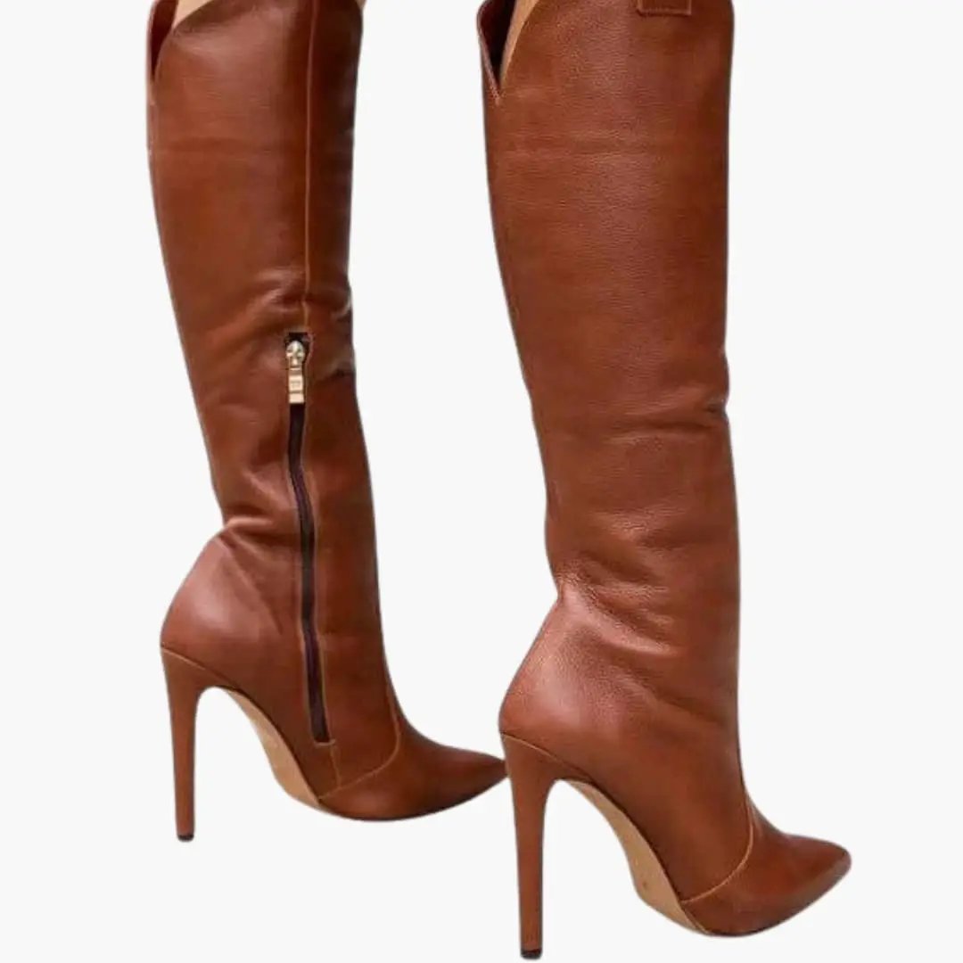 Pair of Wilfred Smith women's orthopedic knee-high boots in brown leather with side zipper and stiletto heel