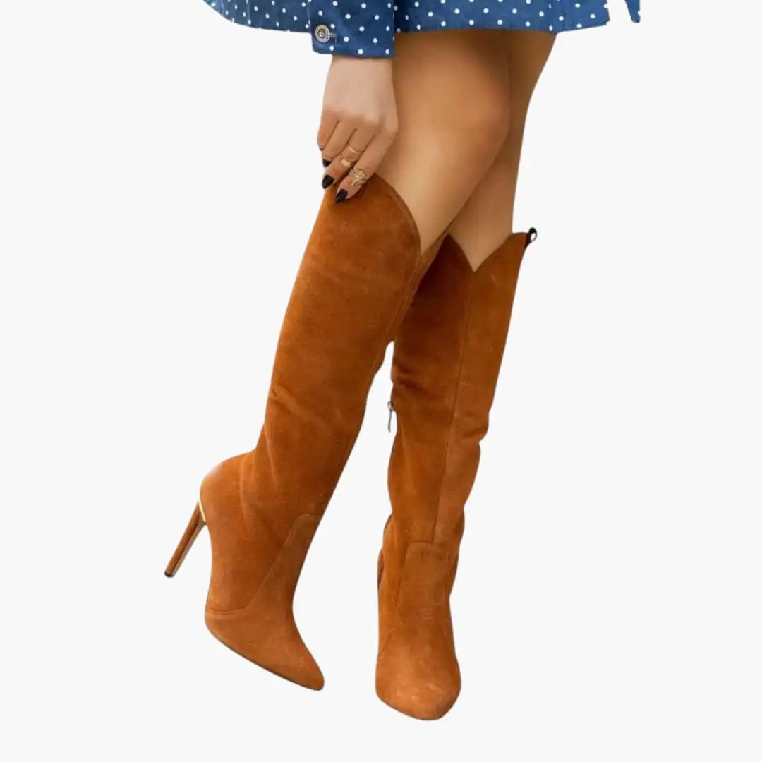 Women's Orthopedic Boots with Side Zipper and Cushioned Insole, brown suede knee-high stiletto boots
