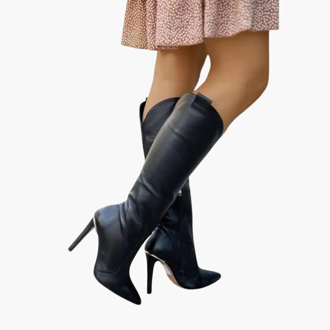 Women's orthopedic knee-high black leather boots with side zipper and cushioned insole