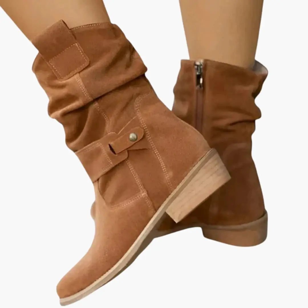 Women's orthopedic boots in tan suede with slouch fit and side zipper.