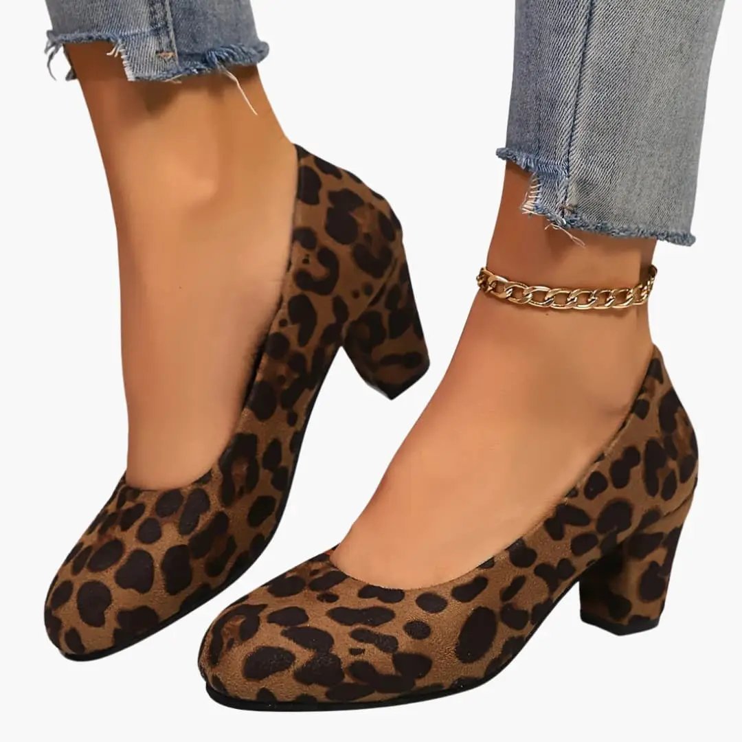 Women's orthopedic leopard-print heels with a chunky block heel and gold ankle chain