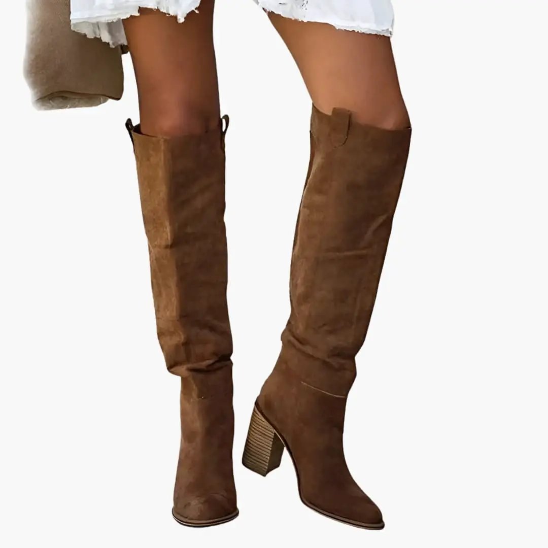 Women's orthopedic knee-high boots in brown suede with cushioned insoles and structured upper by Wilfred Smith