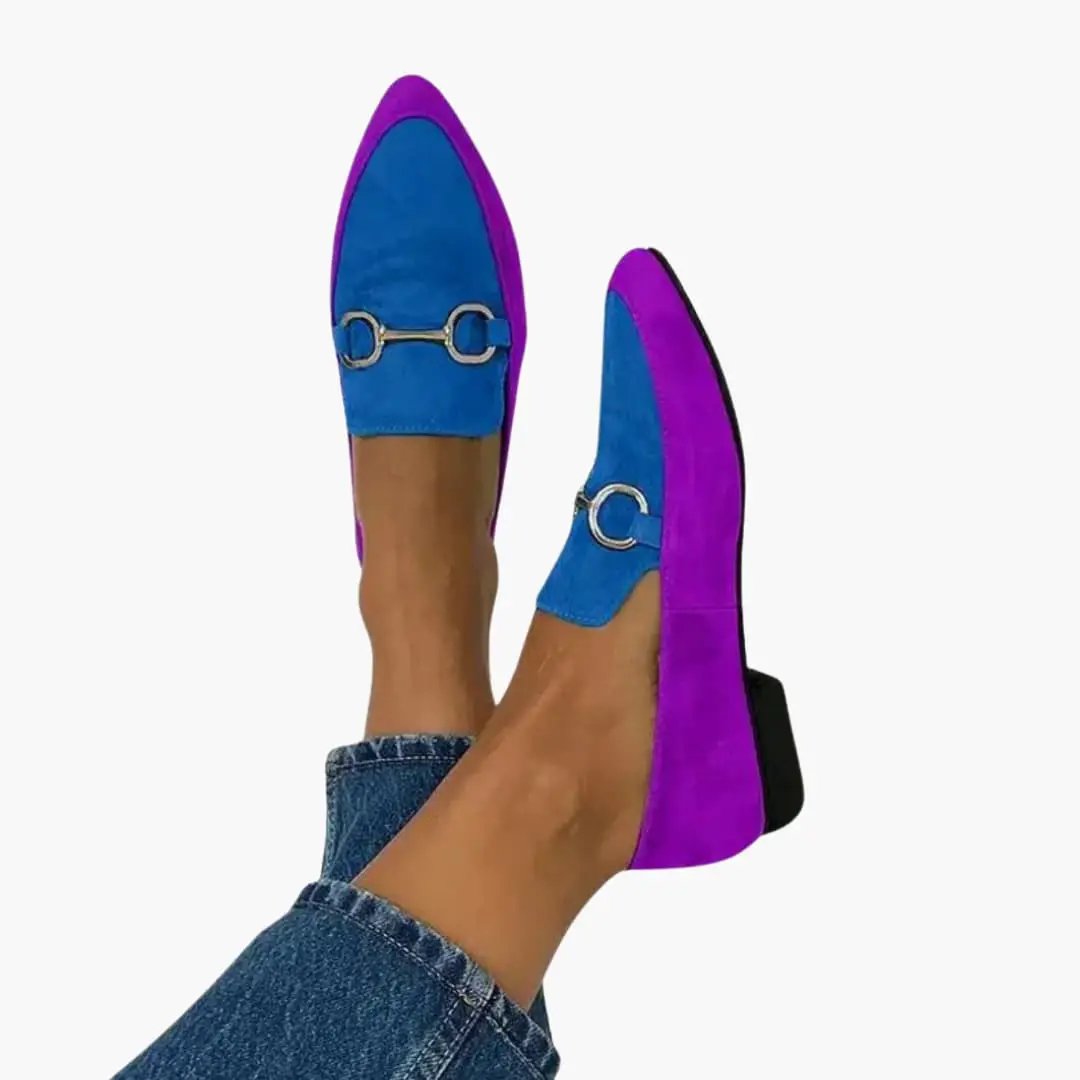 Women's orthopedic loafers with blue and purple patterned upper and metal horsebit detail, Wilfred Smith