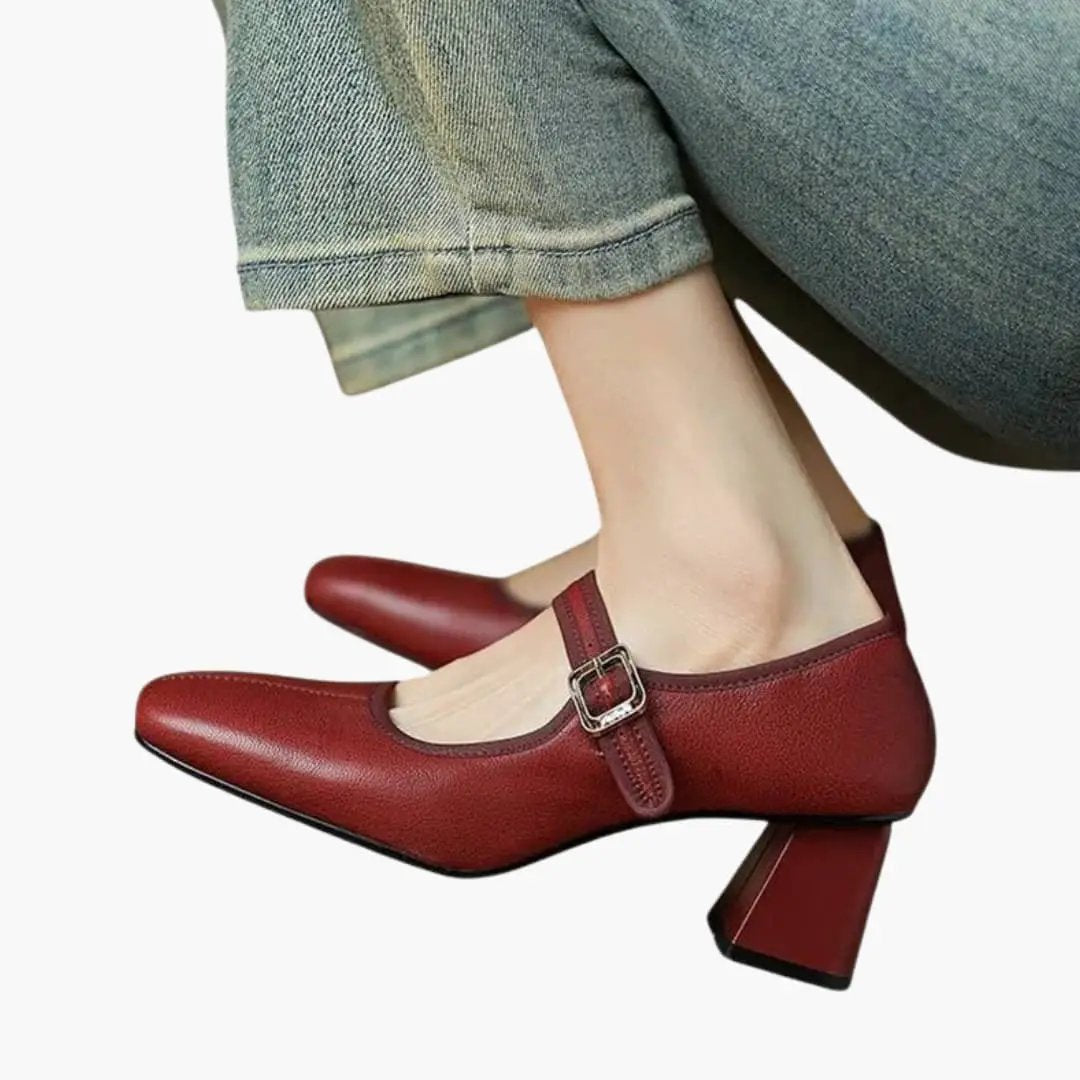 Red leather women's orthopedic Mary Jane shoe with buckle strap and block heel