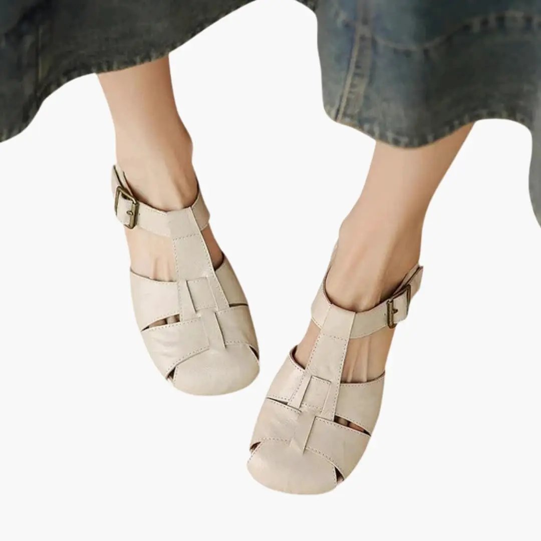 Women's orthopedic Mary Jane flats with strap in beige, cushioned sole by Wilfred Smith.