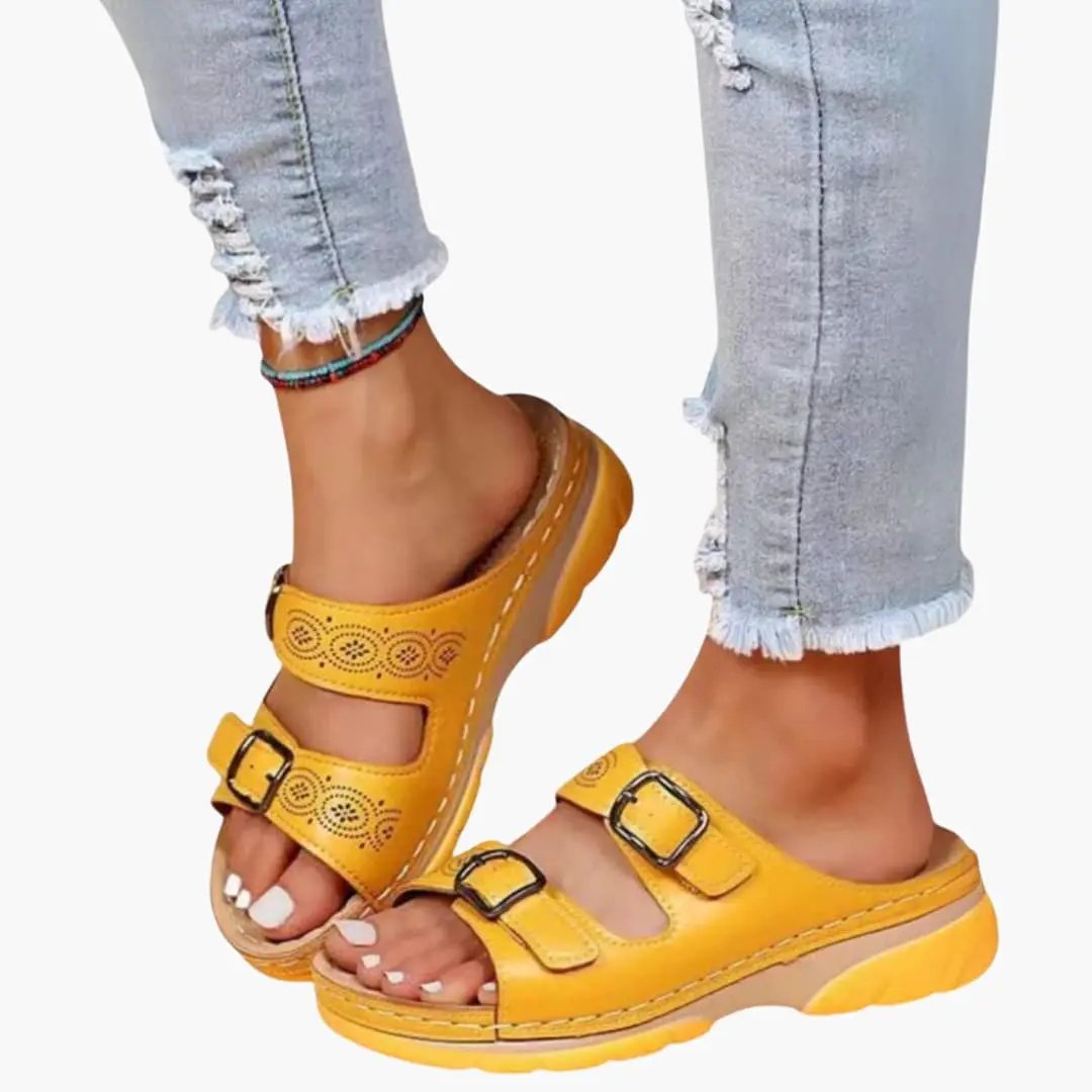 Women's orthopedic sandals with adjustable straps and wedge sole in yellow by Wilfred Smith