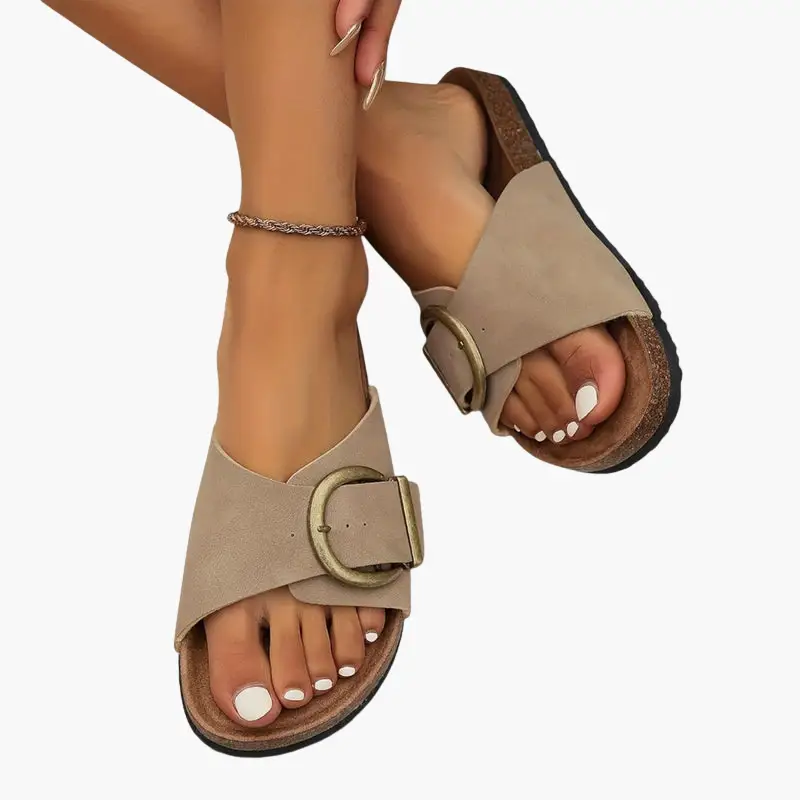 Women's orthopedic sandals by Wilfred Smith with beige adjustable straps and cushioned cork footbed