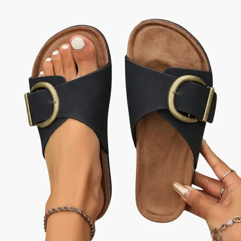 Pair of women's orthopedic sandals, black with adjustable buckled straps and cushioned footbed