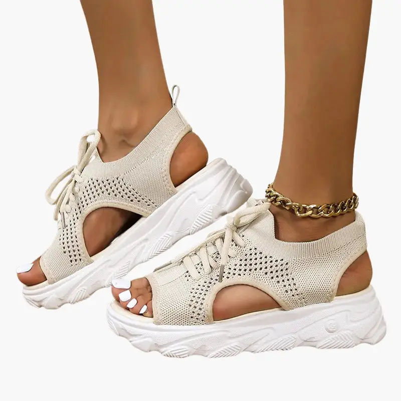 Women’s orthopedic sandals by Wilfred Smith with cushioned footbed, beige knit upper and adjustable laces