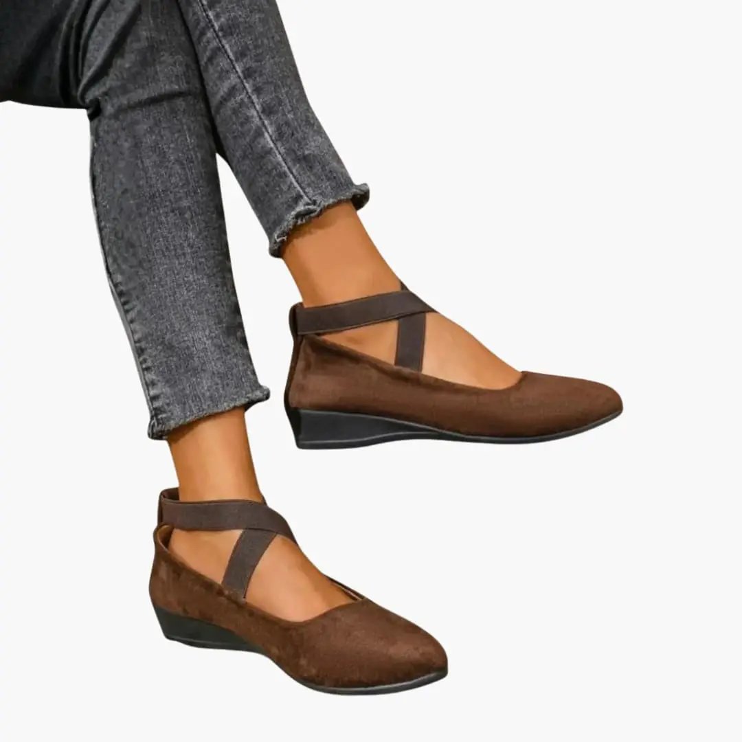 Wilfred Smith women's orthopedic flats with slip-on design, brown suede with ankle strap and cushioned sole