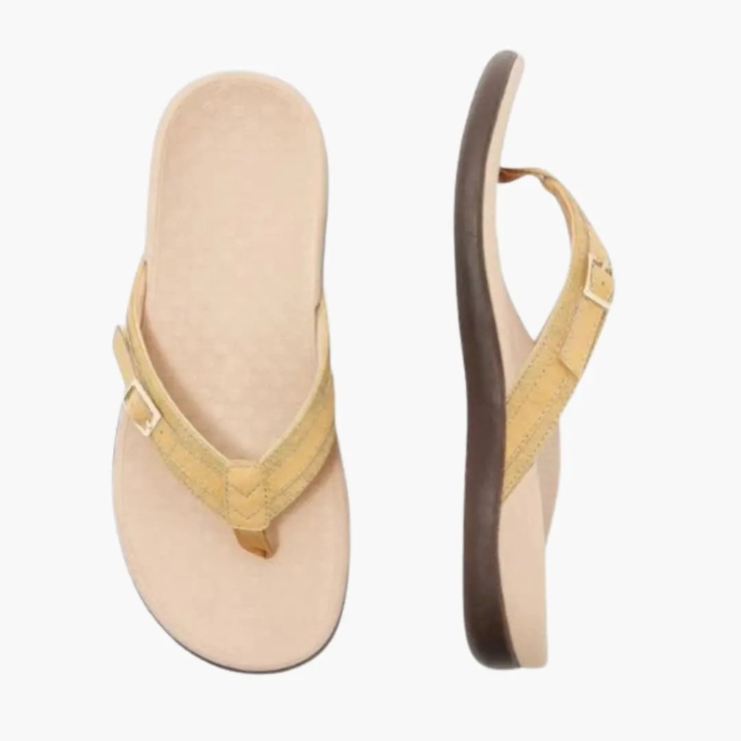Women's orthopedic sandals with arch support; tan-yellow straps on a beige footbed with a brown sole.
