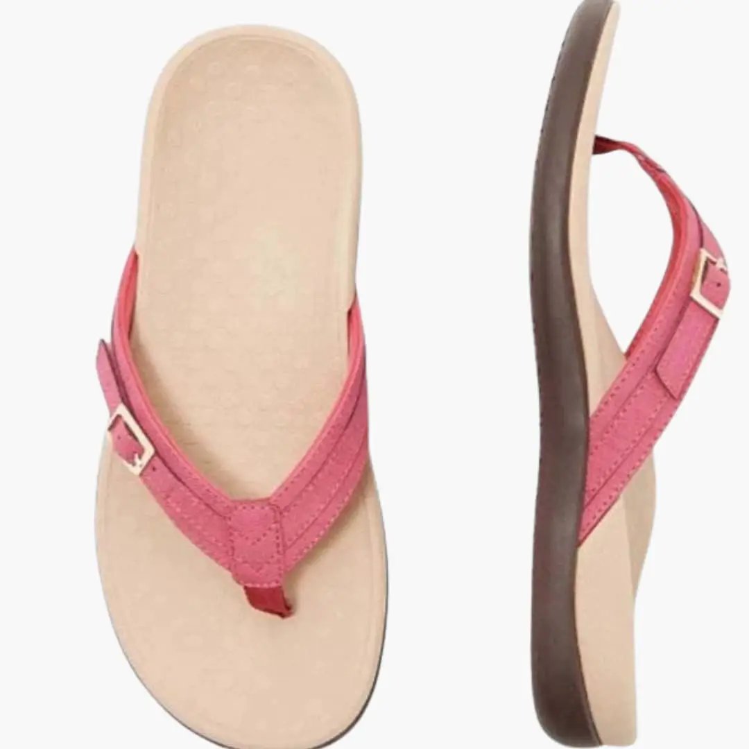 Women's orthopedic sandals by Wilfred Smith with pink straps, arch support and contoured footbed