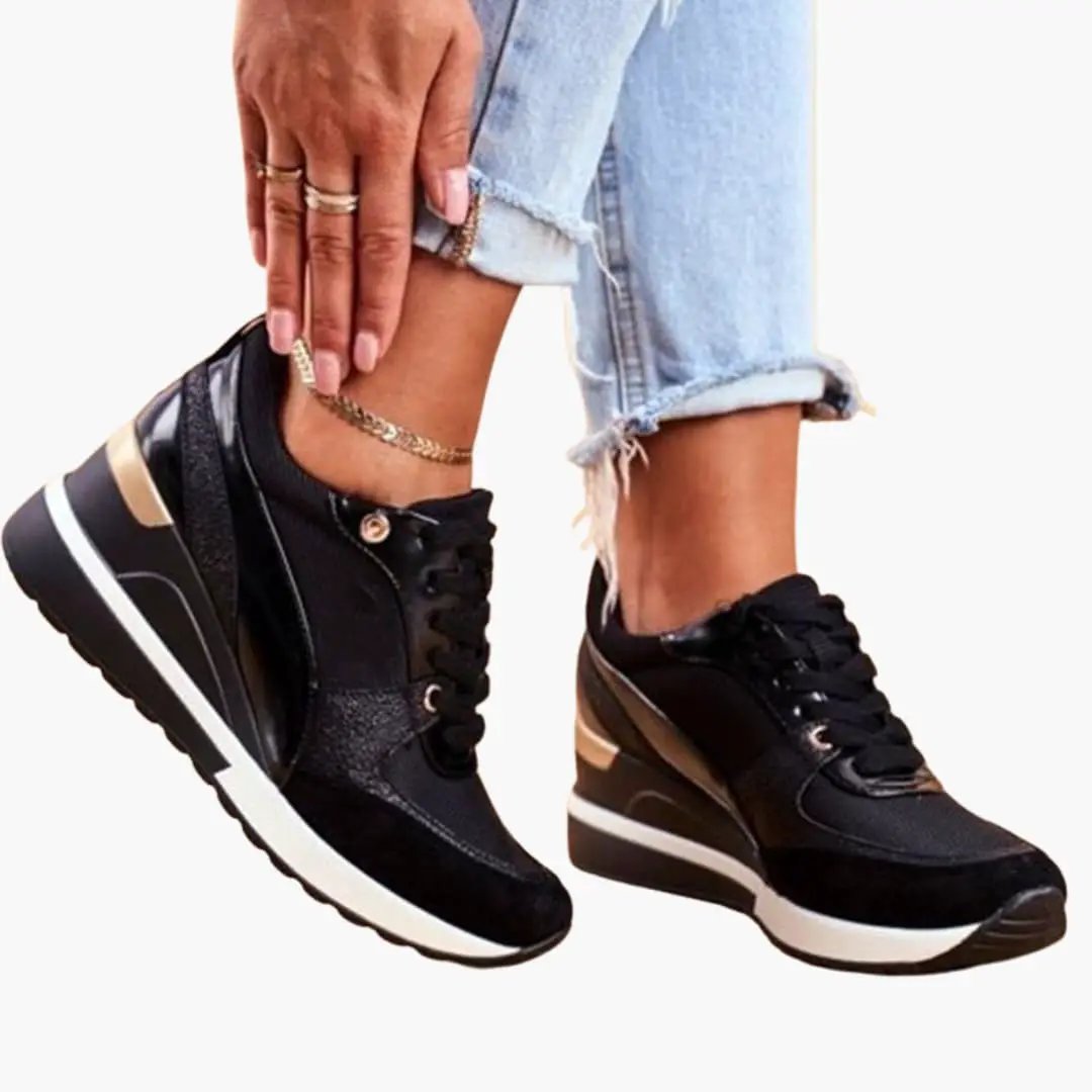 Women's orthopedic sneakers with cushioned lift insole, black with bronze accents and white sole