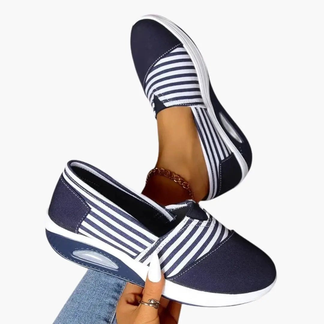 Wilfred Smith women's orthopedic slip-on sneakers, navy and white striped with textured sole