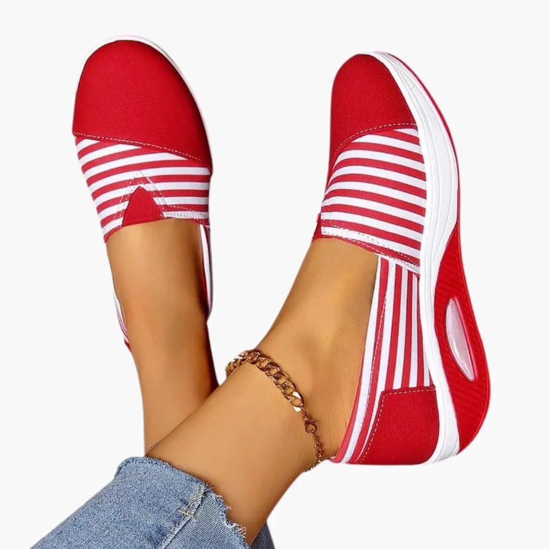 Women's Orthopedic Sneakers by Wilfred Smith, slip-on red and white striped with textured sole