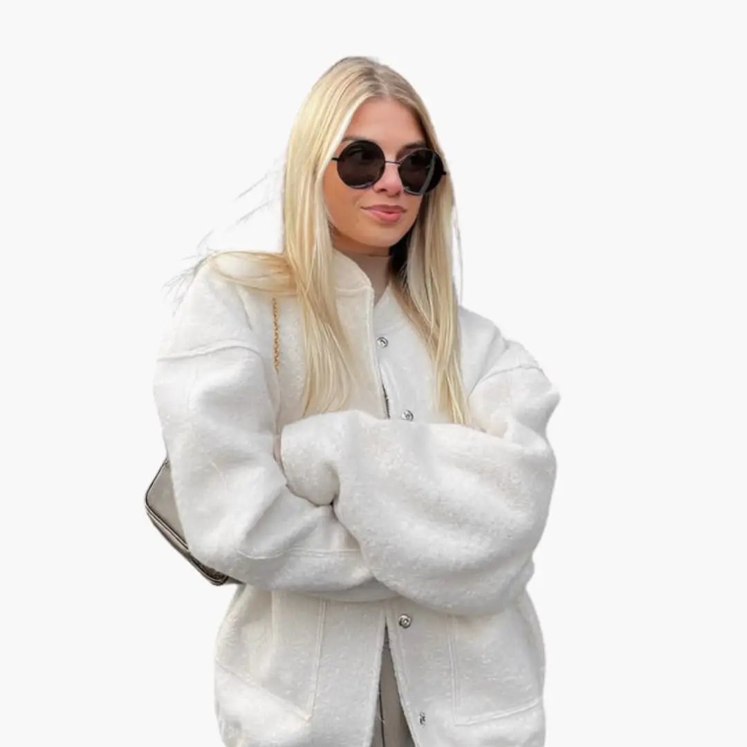 Women’s oversized bomber jacket by Wilfred Smith in white with snap buttons and pockets