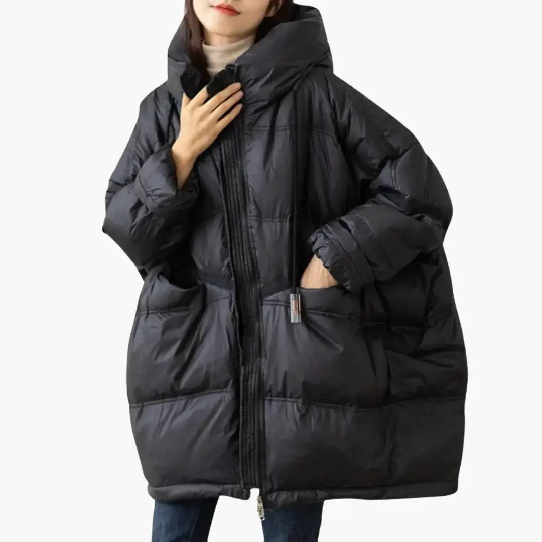 Women’s Padded Jacket with Hood and Front Pockets, oversized black Wilfred Smith puffer.