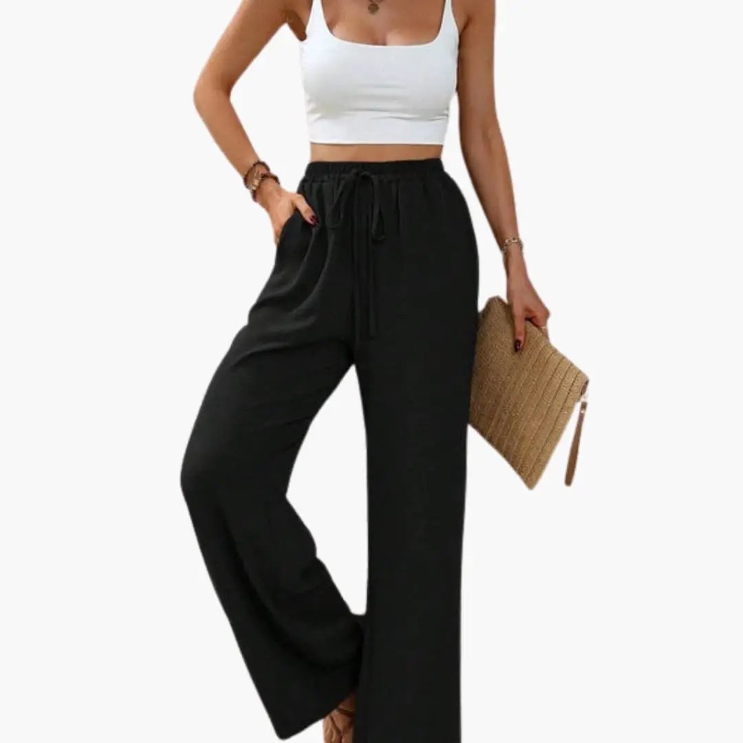Women’s Palazzo Pants by Wilfred Smith, black wide-leg with elastic waistband and pockets.