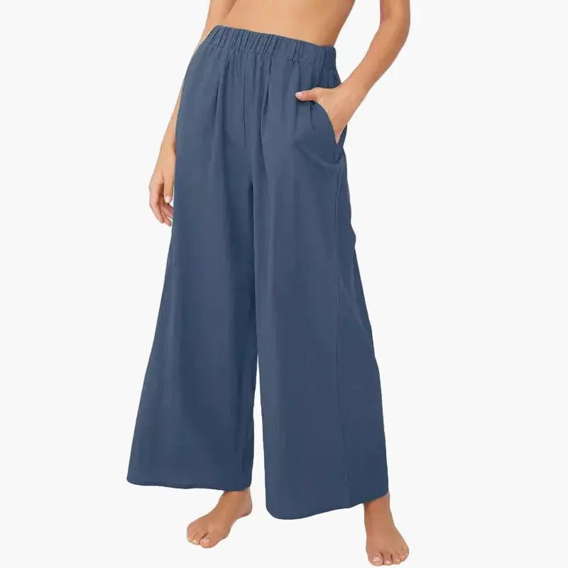 Women's wide-leg palazzo pants in blue with elastic waistband and side pockets
