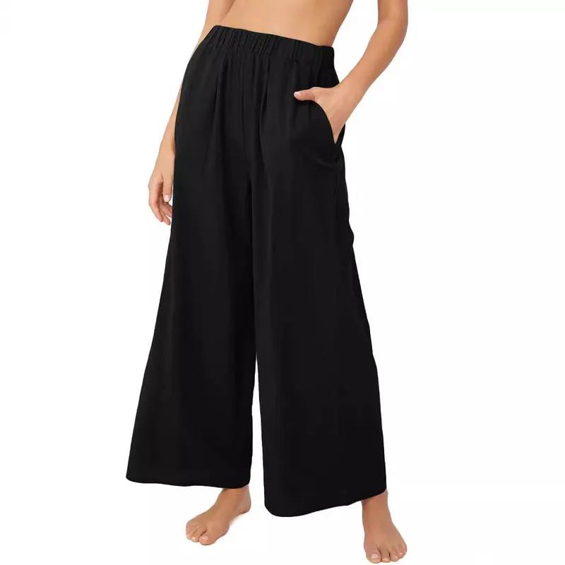 Women's Wide Palazzo Pants with Elastic Waist and Side Pockets in black