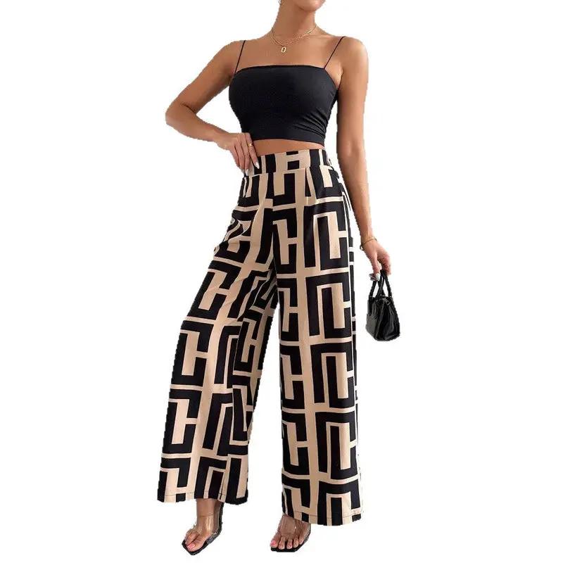 Women's Palazzo Pants by Wilfred Smith with beige and black geometric print, high-waist wide-leg trousers.