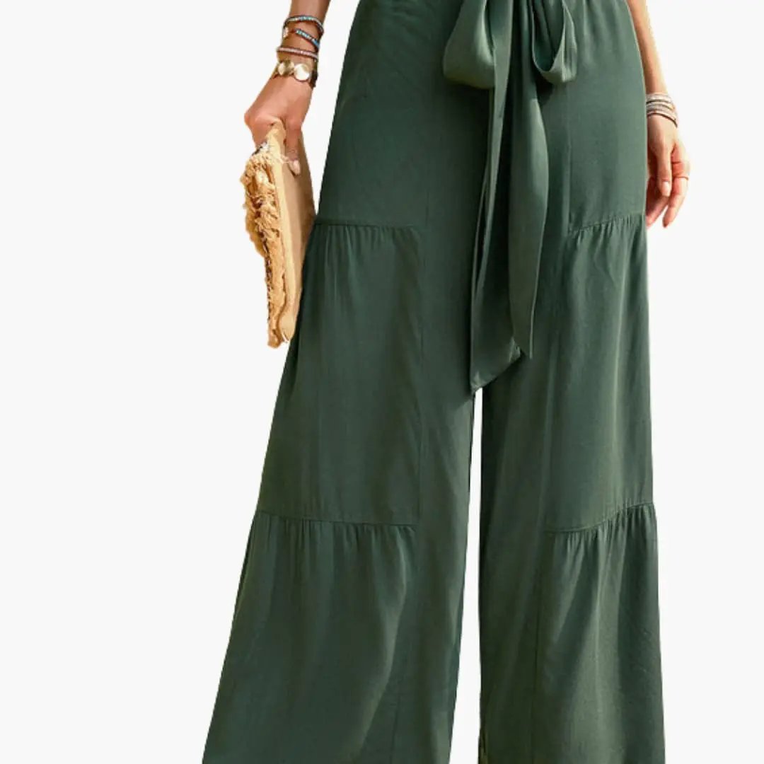 Women’s Palazzo Pants with Tie Belt and Ruffle Details in dark green, wide-leg pants