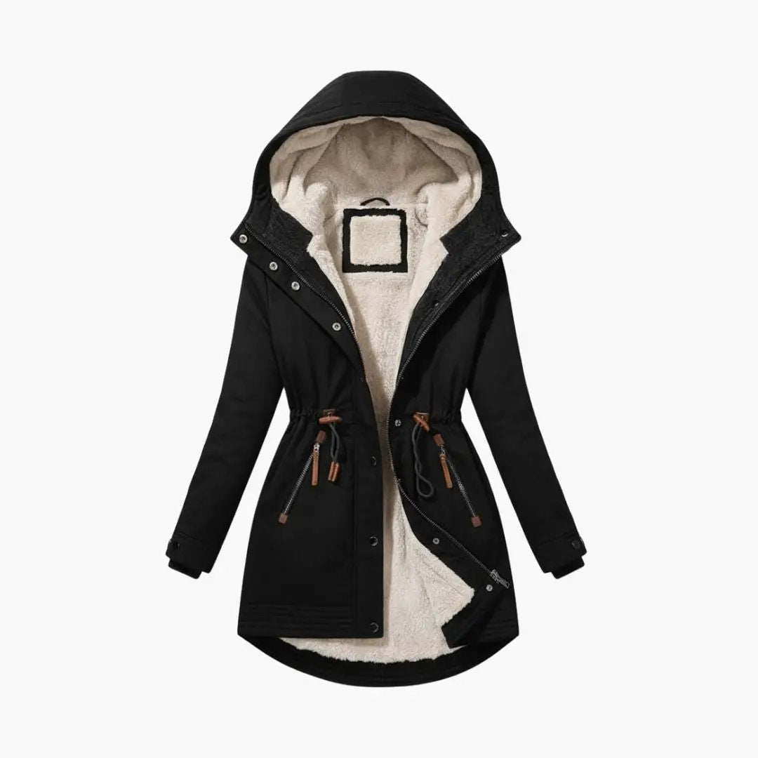 Women’s black parka with beige shearling lining, hood, drawstring waist, and front zipper
