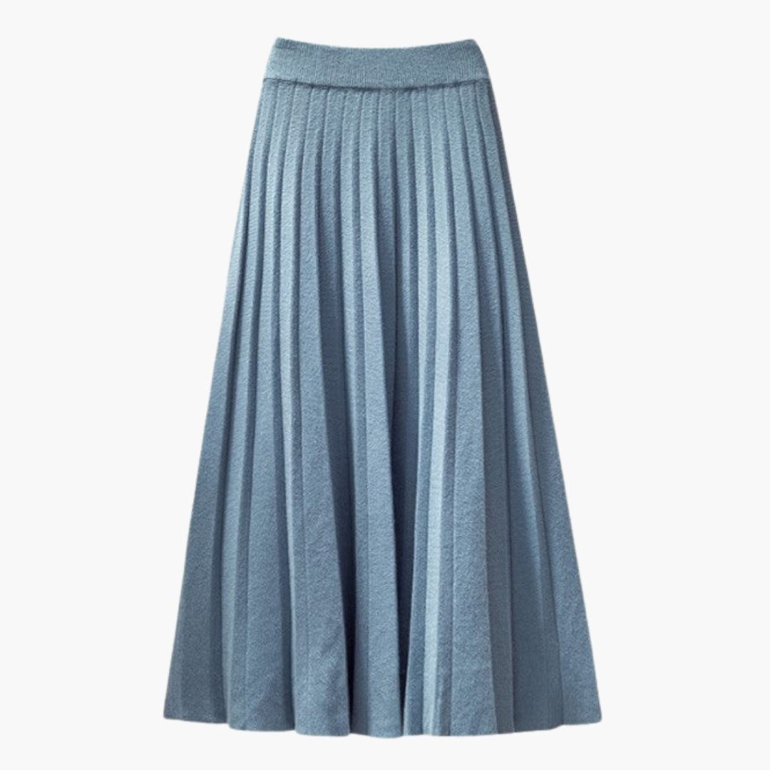 Women's pleated maxi skirt in blue with elastic waistband and ribbed texture by Wilfred Smith.