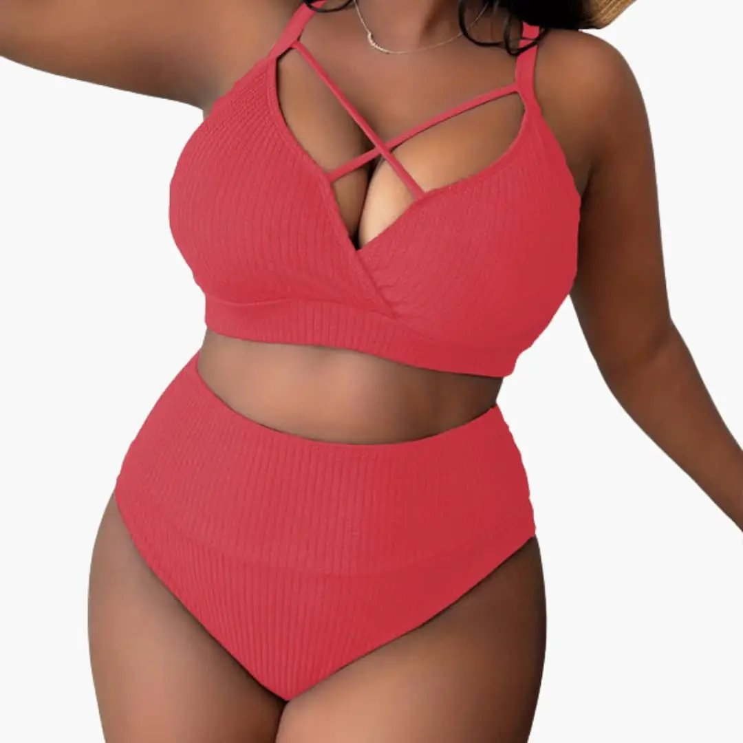 Women’s plus-size 2-piece high-waisted bikini set with sling-strapped top in red