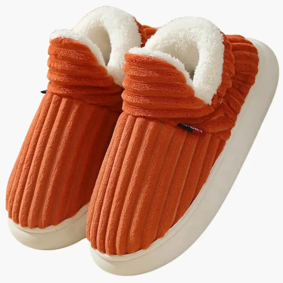 Women’s Slippers by Wilfred Smith, orange ribbed plush with white fleece lining, pair