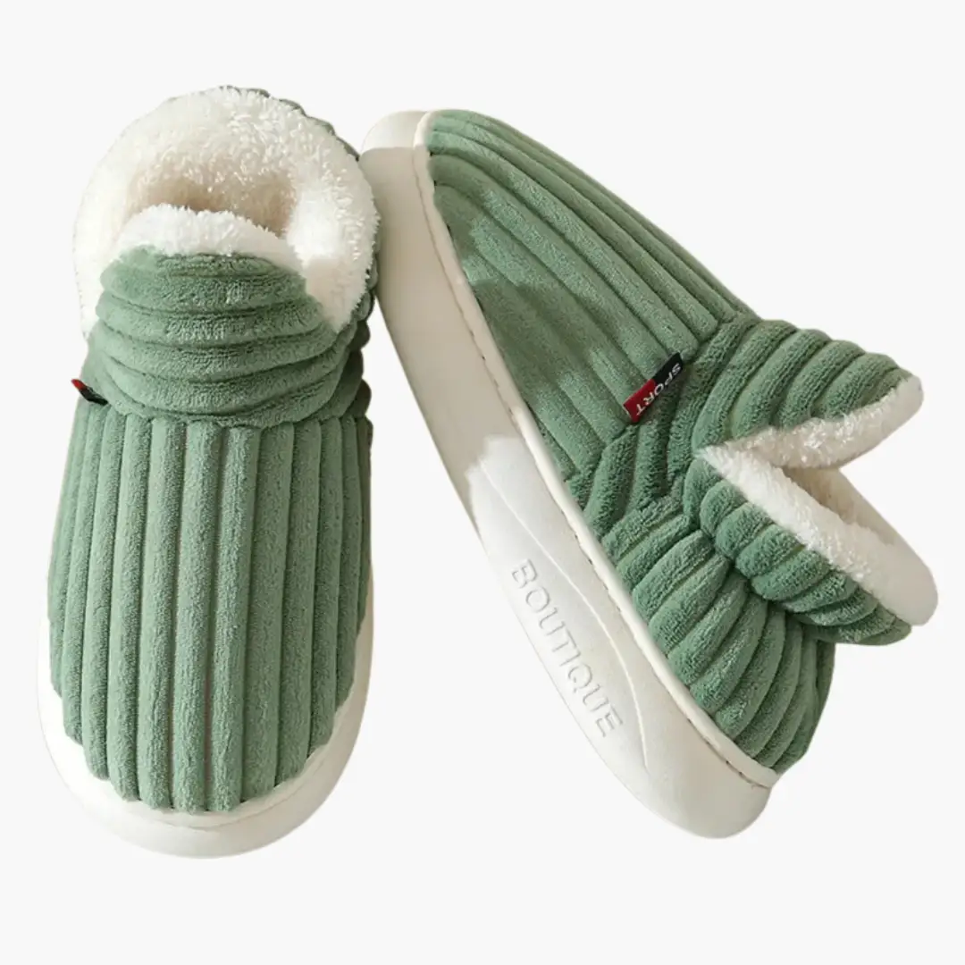 Women’s Plush Slippers with green ribbed exterior and white fluffy inner lining, white sole