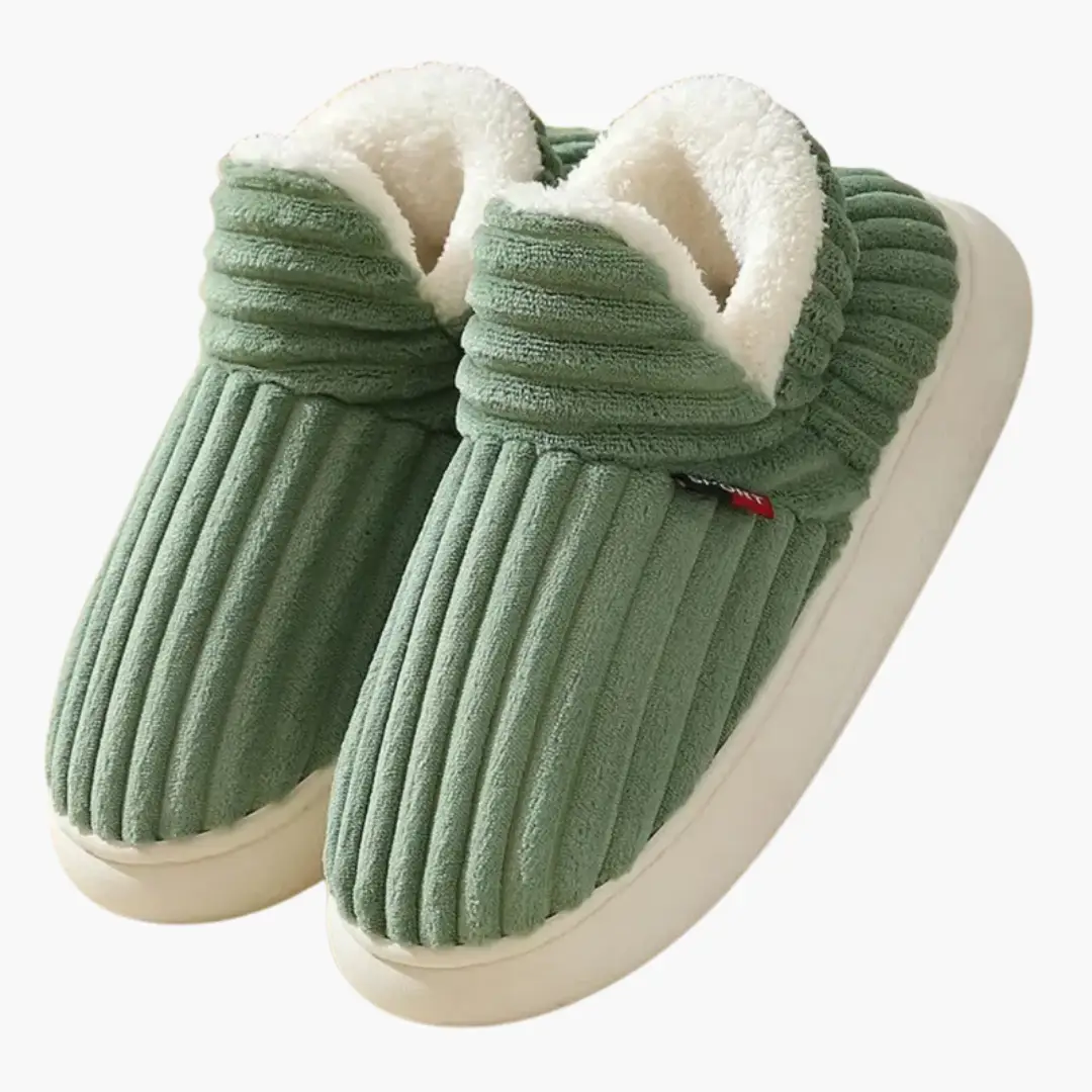 Pair of Women’s Slippers by Wilfred Smith, green ribbed plush exterior with white fleece lining