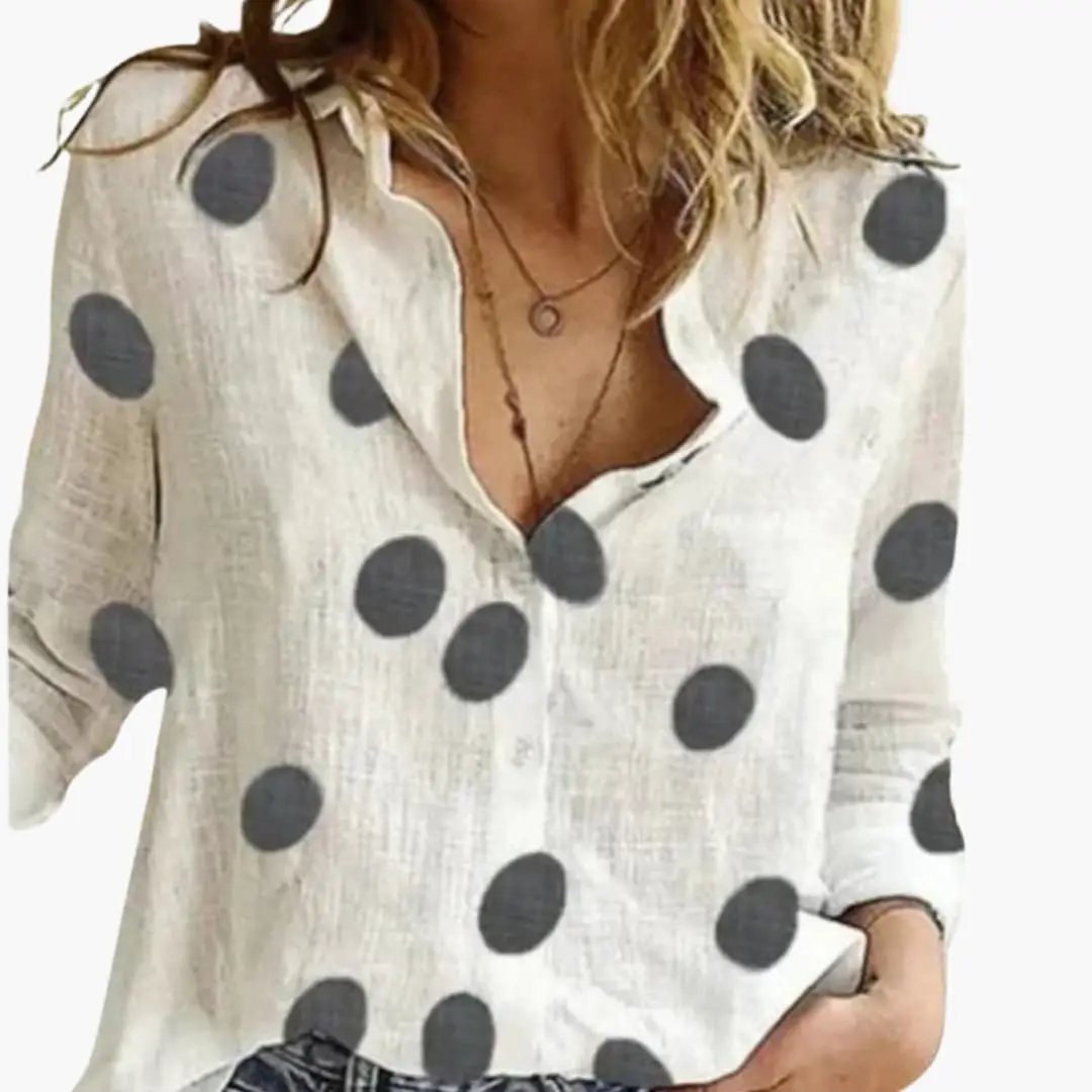 Women’s polka dot print woven blouse, front-button placket, long sleeves in light cream with dark grey spots