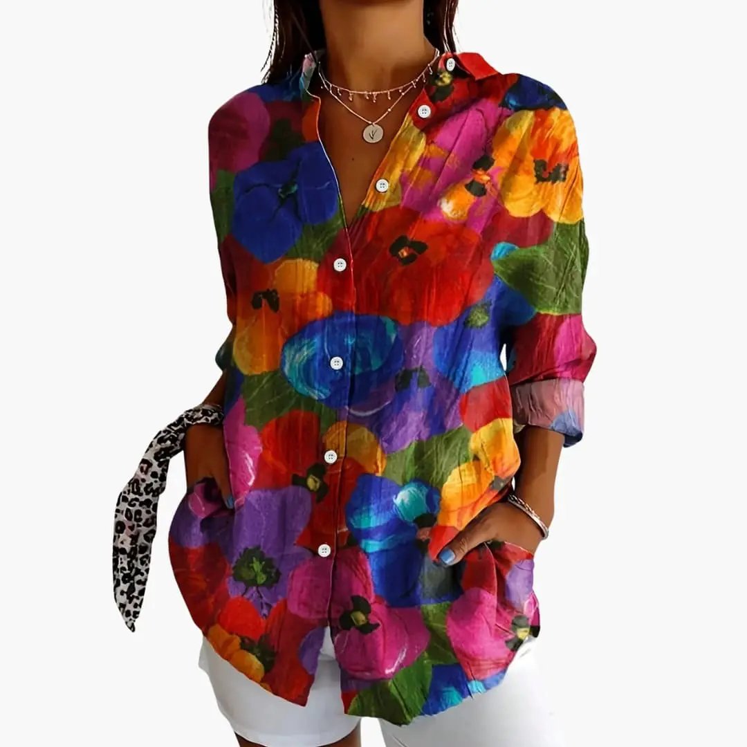 Women’s Printed Blouse, vibrant multicolor floral print with short sleeves and loose fit.
