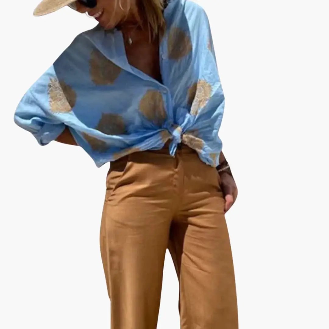 Wilfred Smith women's printed blouse, blue with tan abstract print, relaxed-fit with tied front knot