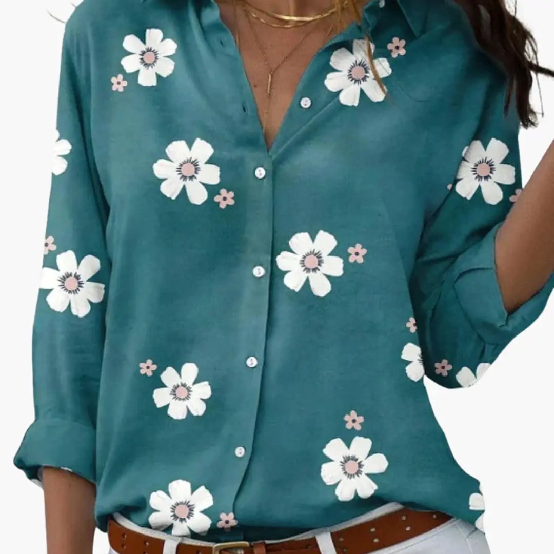 Women's printed button-down blouse in teal with white floral pattern, collared long sleeves by Wilfred Smith