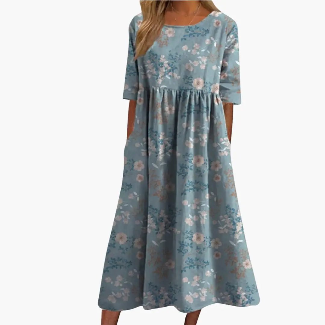 Women’s Midi Dress by Wilfred Smith, blue floral print, short sleeves, loose-fit summer dress