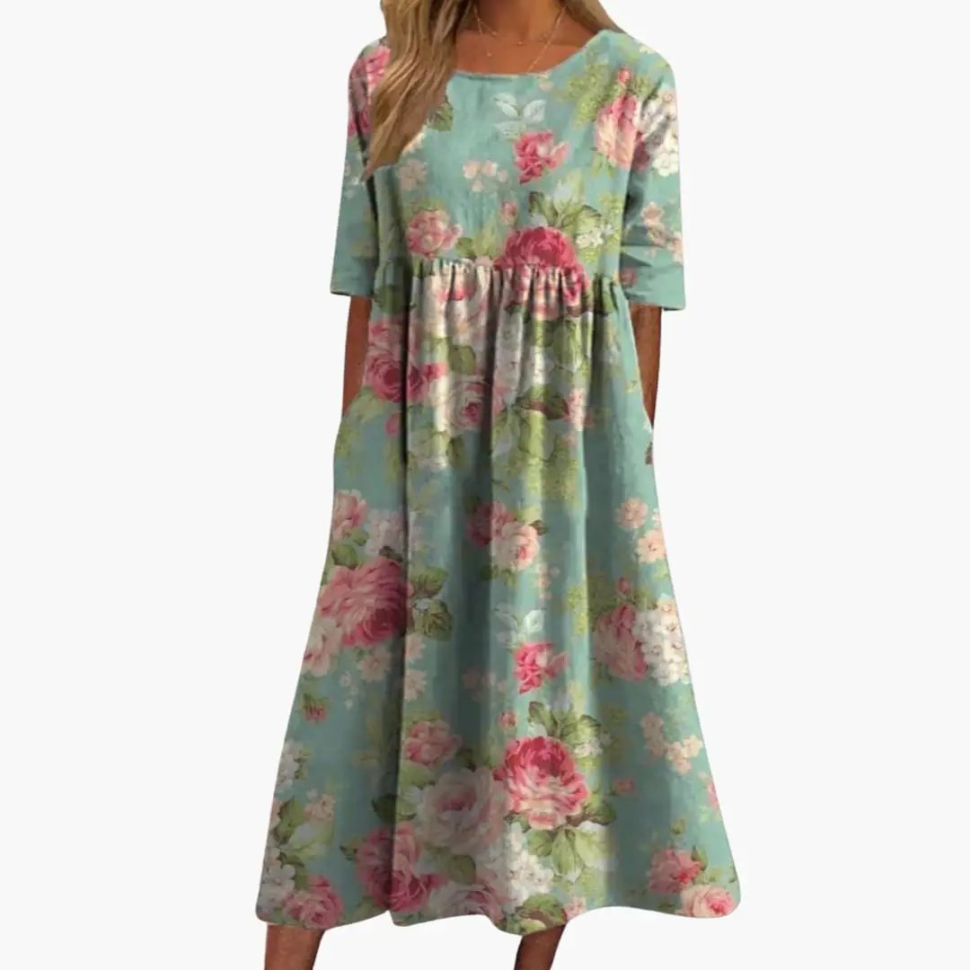Women’s Printed Midi Dress by Wilfred Smith, turquoise floral print, short sleeves, loose-fit