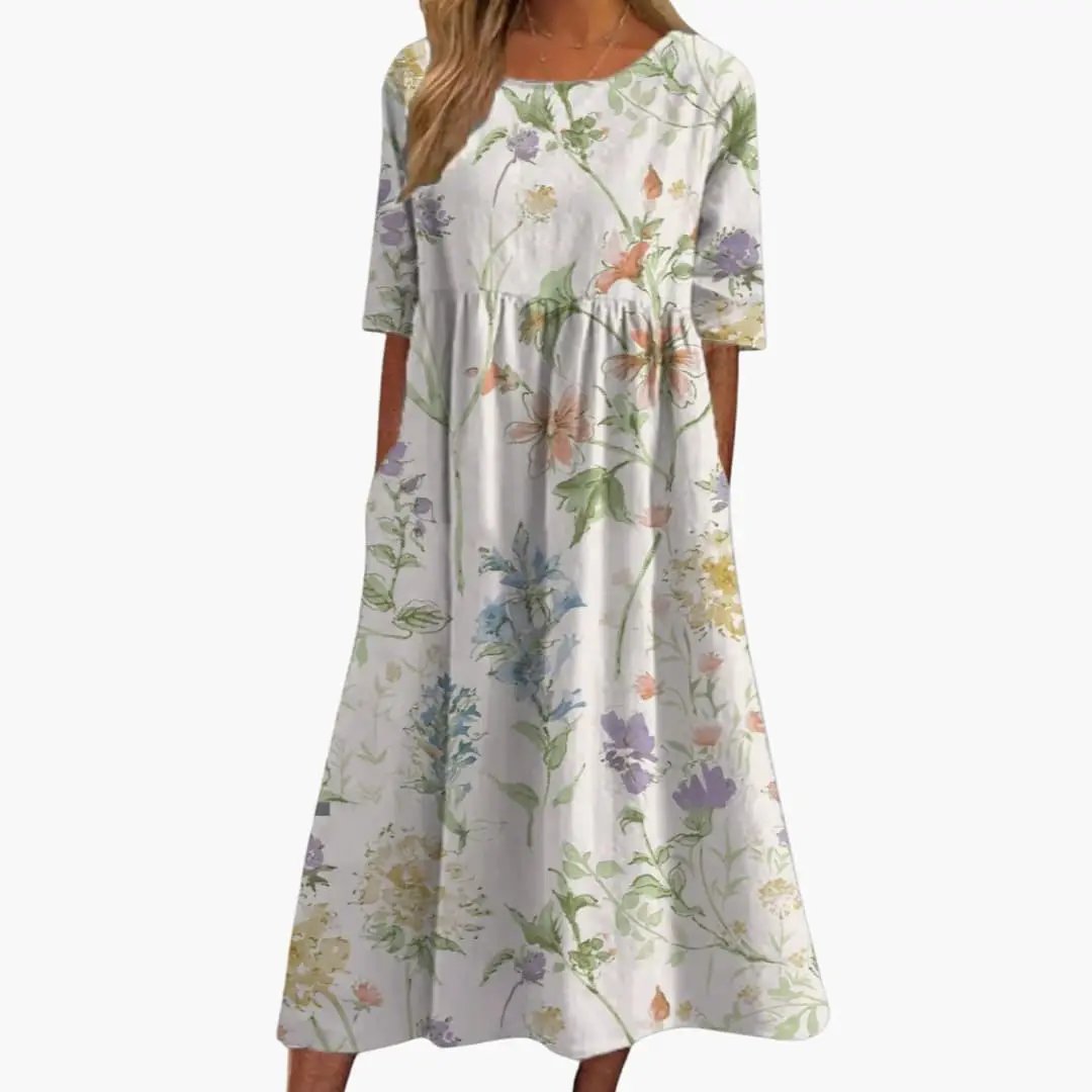 Wilfred Smith Women’s pastel floral print midi dress with short sleeves, loose-fit summer style.