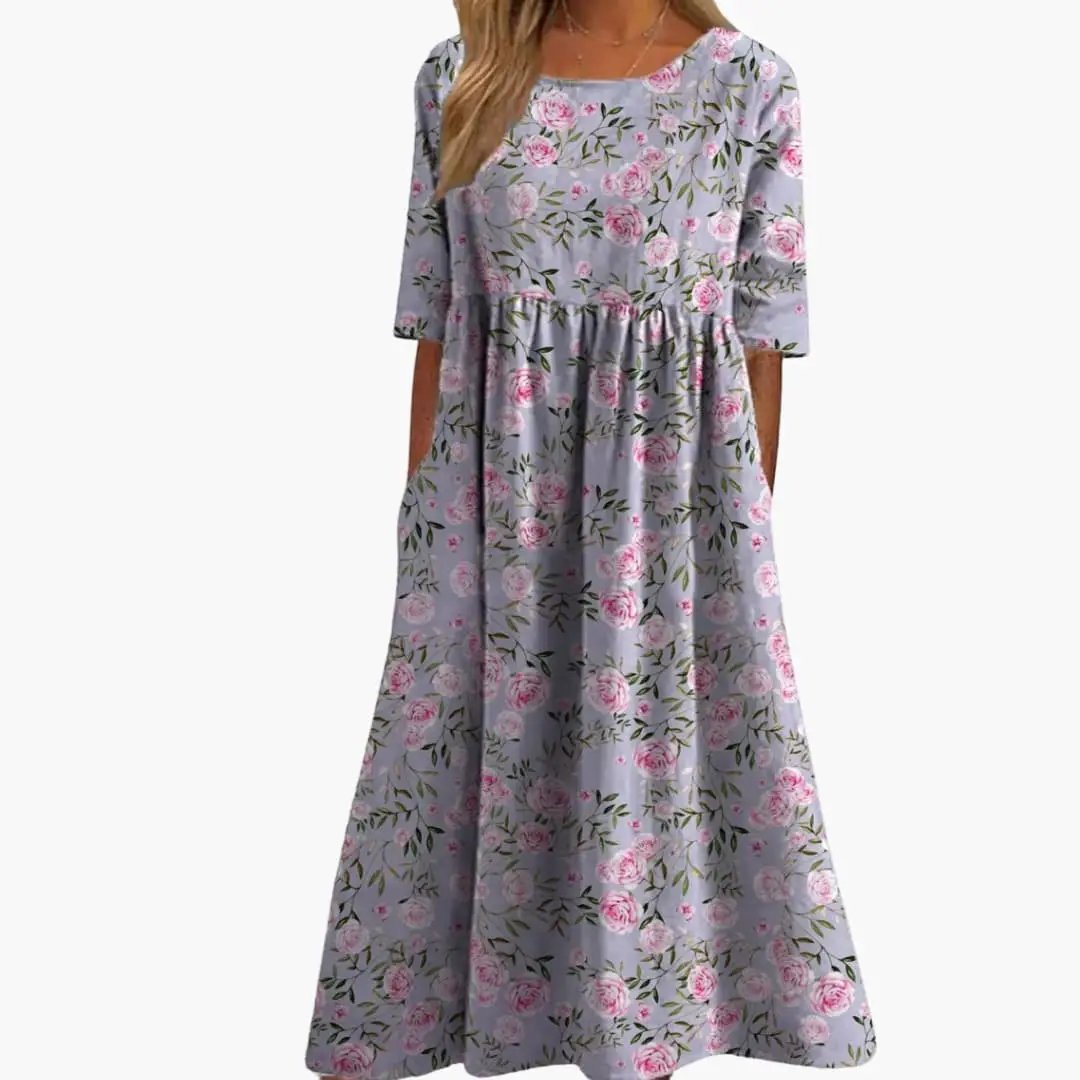Women’s Printed Midi Dress with lavender background and pink rose floral pattern, short sleeves, loose fit.