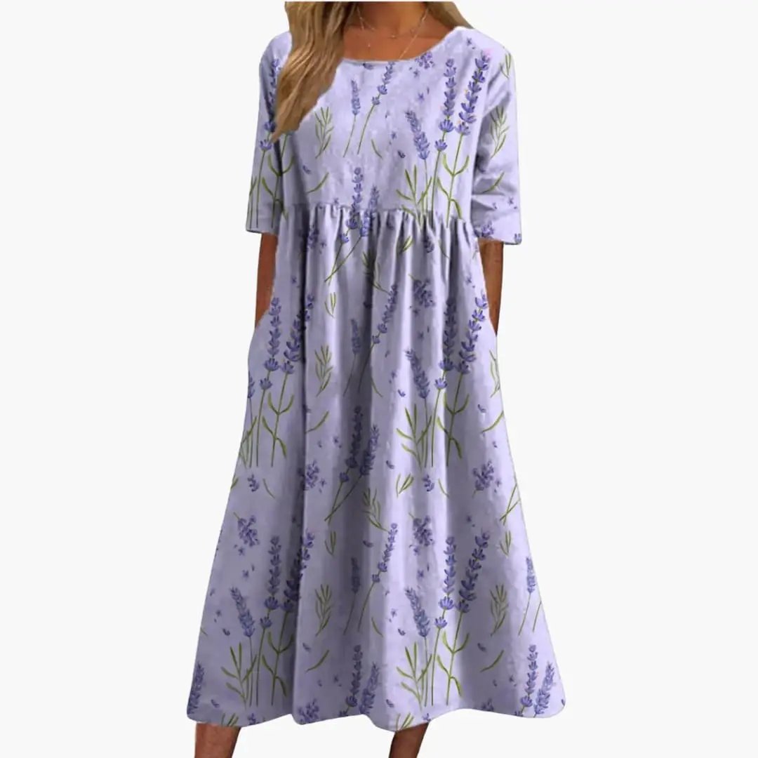 Women’s Printed Midi Dress Wilfred Smith lavender floral print, short sleeves, loose fit