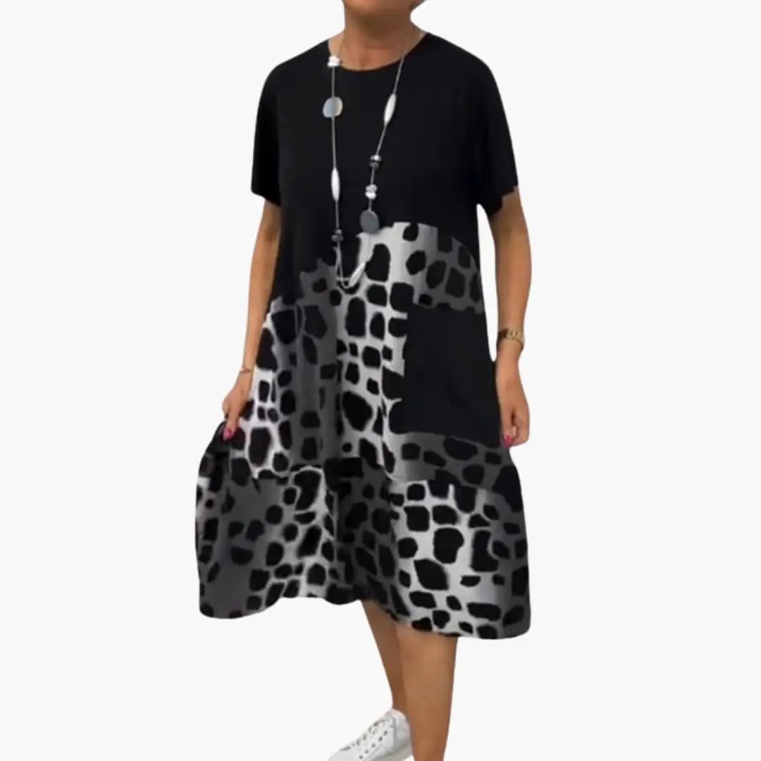 Women’s Printed Summer Dress with Short Sleeves, black bodice and grey/black animal-print skirt
