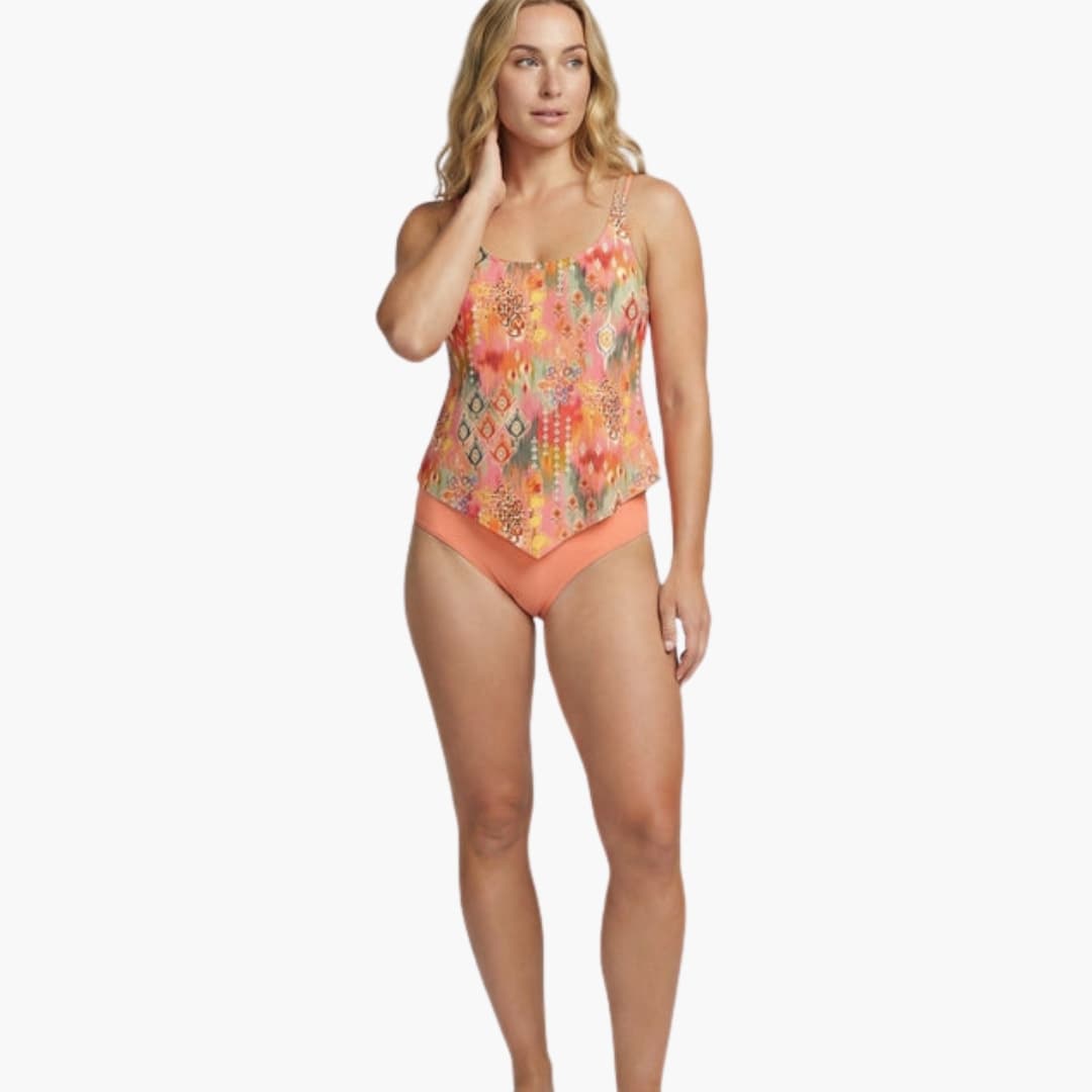 Women’s Printed Tankini Set by Wilfred Smith with peach bottoms and vibrant multicolor patterned top