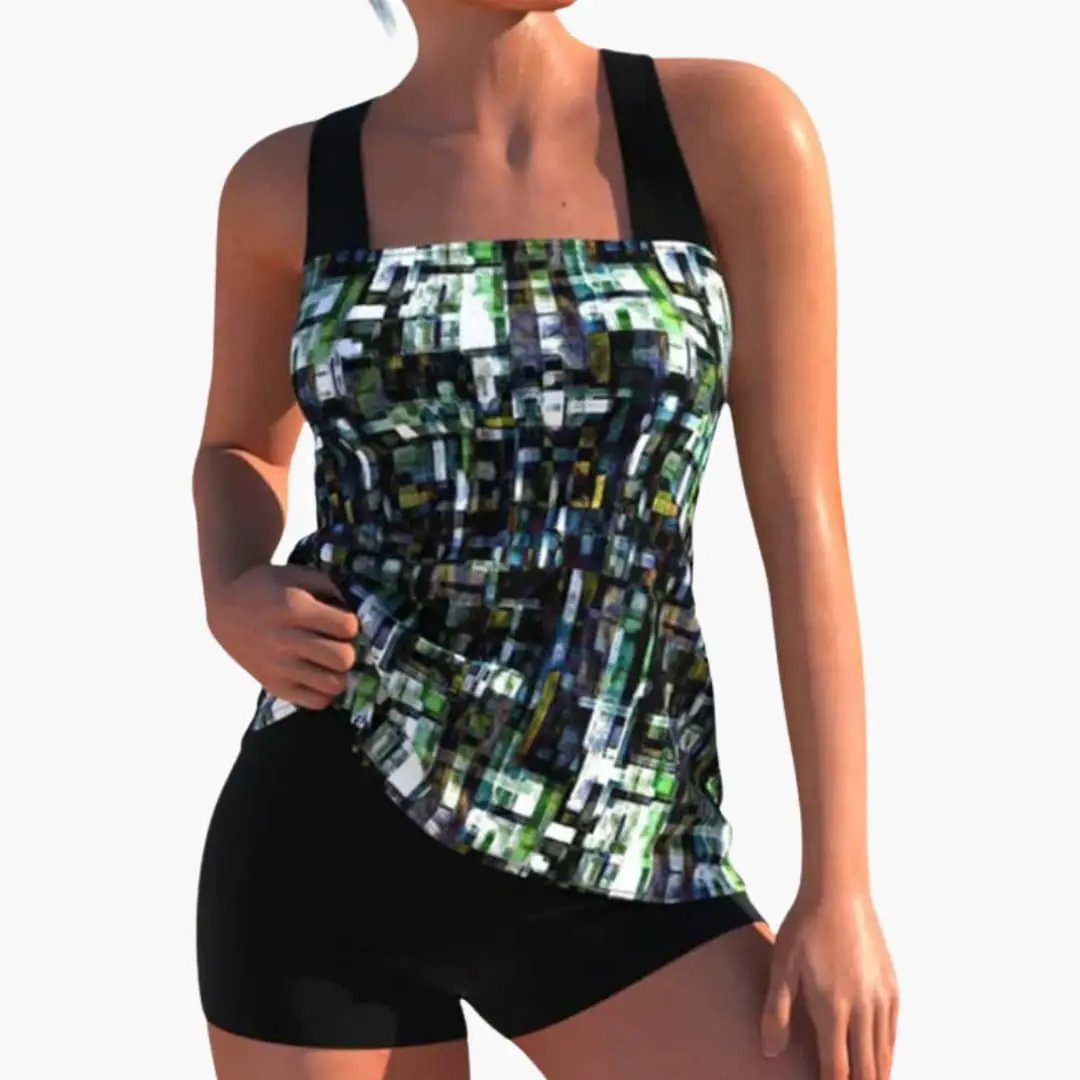 Women’s two-piece printed tankini swimsuit with front-panel top and swim shorts in multicolor abstract print