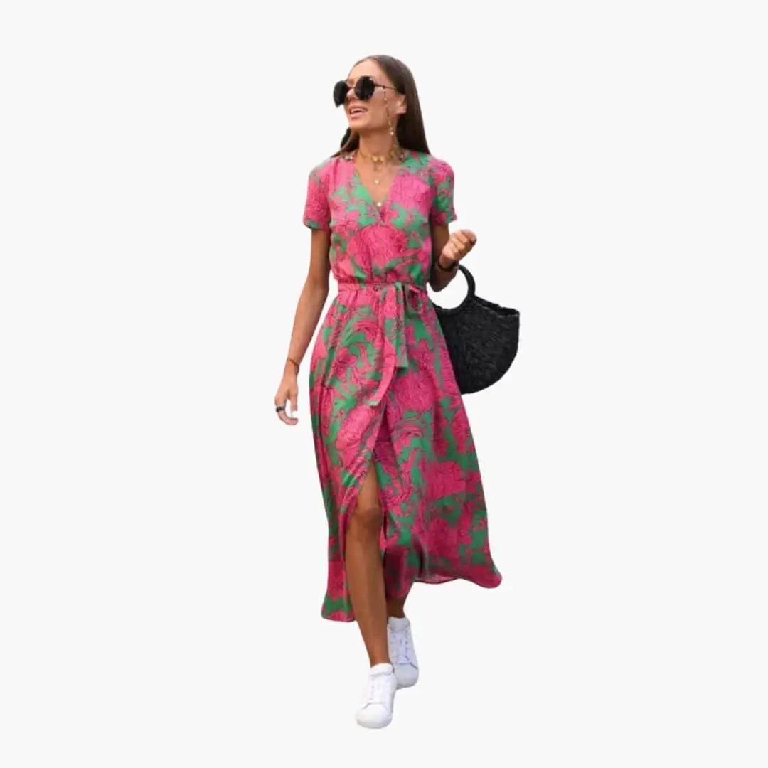 Women's wrap dress with waist belt, pink and green floral print, midi length by Wilfred Smith
