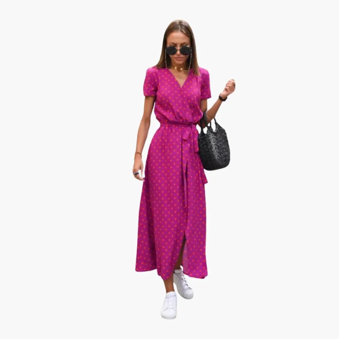 Women's Printed Wrap Midi Dress with Waist Belt in magenta with orange polka dots