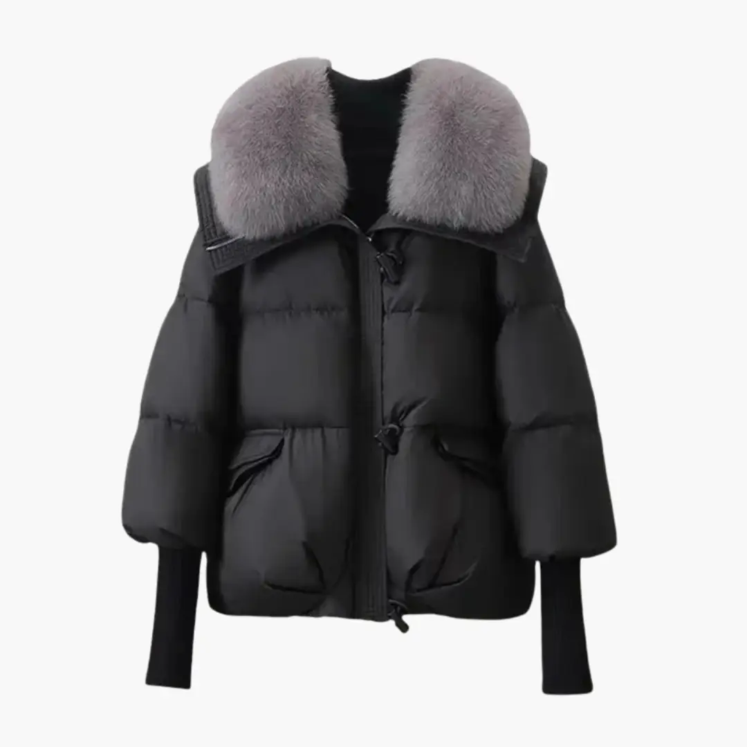 Women's black puffer jacket with gray faux-fur collar and ribbed cuffs