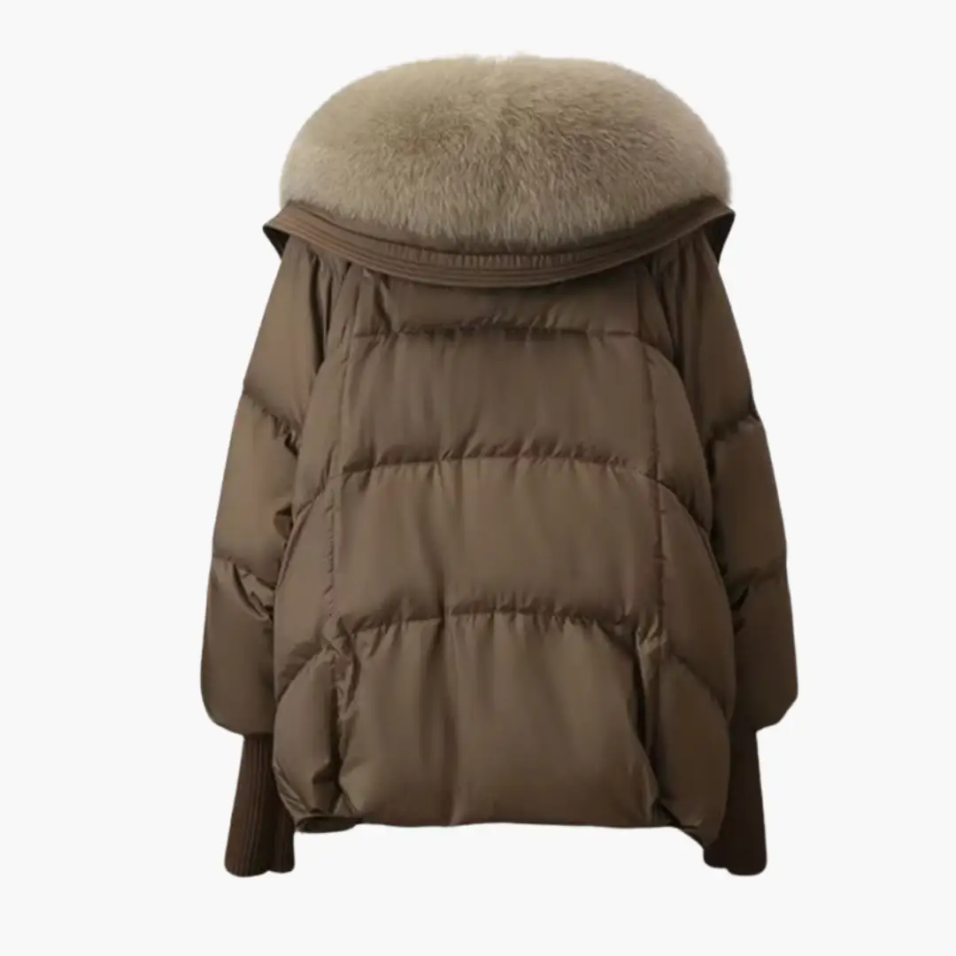 Women’s Puffer Jacket in brown with a faux fur collar and ribbed cuffs