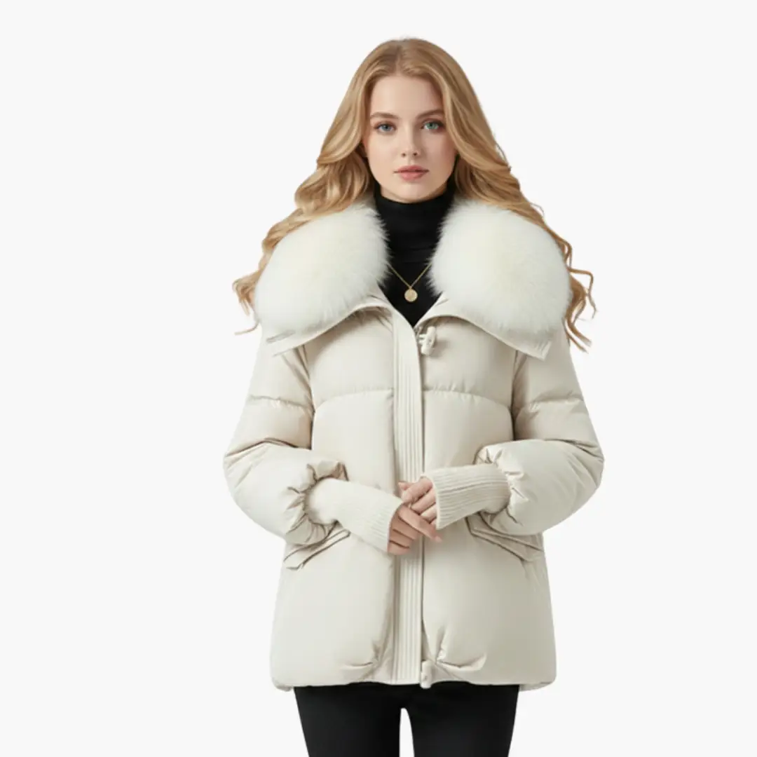 Women's puffer jacket by Wilfred Smith, cream with faux fur collar and ribbed cuffs.