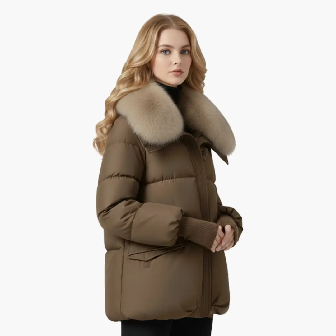 Women's puffer jacket by Wilfred Smith in brown with faux fur collar and ribbed cuffs